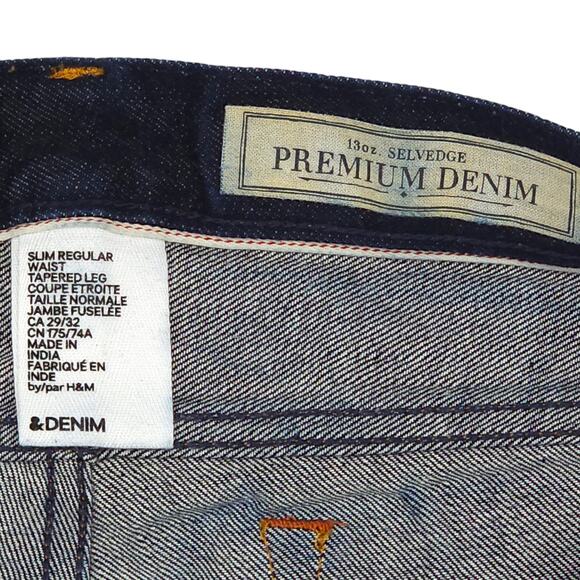 H&M &Denim Premium Denim Jeans Mens 29x32 Blue Selvedge Slim Tapered Raw - Picture 7 of 14